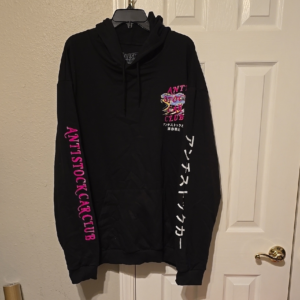 NWOT Fresh Laundry Anti Stock Car Club Black Hoodie with Pink and White Graphics